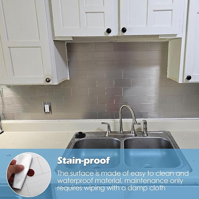 20-Pack Peel and Stick Tile Backsplash 12"X12" PVC Wall Tiles, Stick on Backsplash for Kitchen, Bathroom Tile, Fireplace Décor, Laundry Table, Stair Decals in Silver Metal