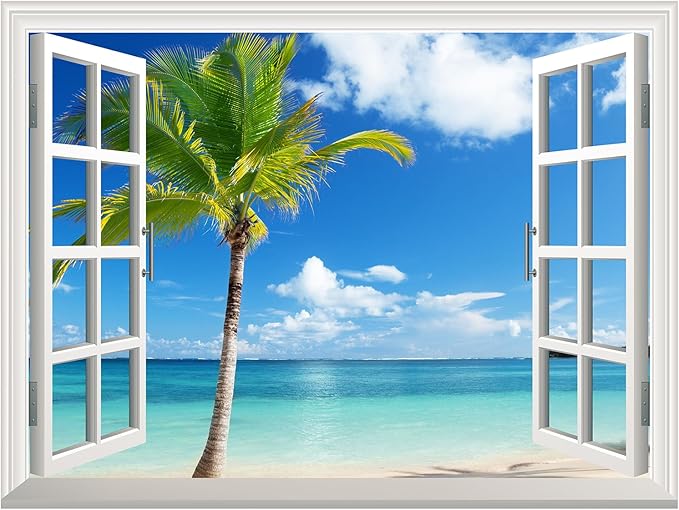 wall26 Grand Waterfall Green Mountain Open Window Mural Wall Sticker (24"x32", Tropical View)