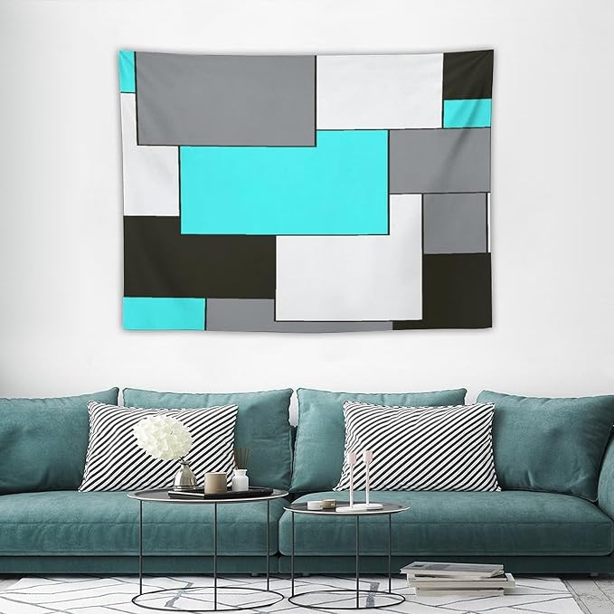ZhiRain Modern Tapestry Wall Hanging Teal Turquoise And Gray Black Tapestries Home Decor for Living Room Bedroom Farmhouse Apartment Dorm 30"x40"