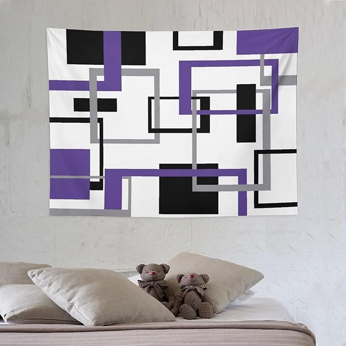 ZhiRain Purple Tapestry Wall Hanging Mid Century Modern Geometric Abstract Lavender Black Grey Square White Backdrop Tapestries Home Decor for Living Room Bedroom Apartment Farmhouse 30"x40"