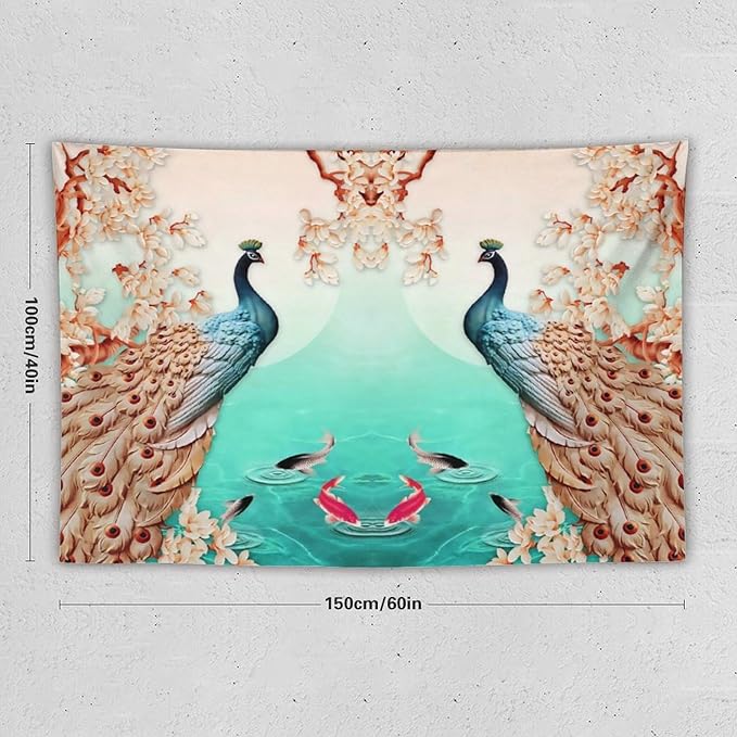 ZhiRain Peacock Tapestry Wall Hanging Retro Floral Elegant Vintage Feather Flower Theme Koi Fish Tapestries Home Decor for Living Room Bedroom Farmhouse Apartment Dorm 40"x60"