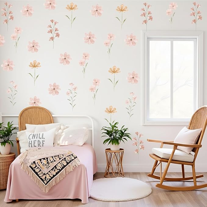 48 PCS Boho Flower Stickers Daisy Wall Decals for Girls' Rooms, Playrooms, and Nurseries Dual Layer Print for High Coverage Removable Peel and Stick Wall Decor
