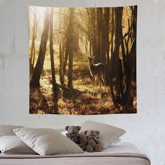 ZhiRain Forest Tapestry Wall Hanging Natural Forest And Deer at Sunset Pattern Tapestries Home Decor for Living Room Bedroom Apartment Farmhouse Dorm 60"x60"