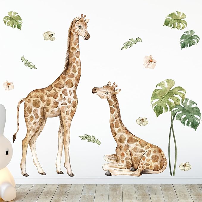 AM AMAONM Removable 3D Nature Jungle Wild Animals Wall Stickers DIY Peel and Stick Safari Giraffe and Tropical Leaves Wall Decals Aniaml Wall Art Decor for Kids Baby Bedroom Nursery Living Room