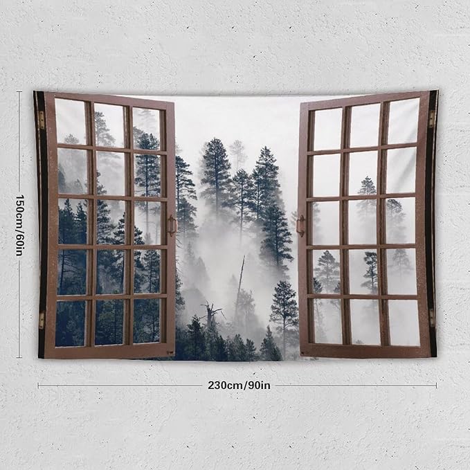 ZhiRain Misty Forest Landscape Tapestry Wall Hanging Wooden Window Forest Mountain Tree Scenery Tapestries Home Decor for Living Room Bedroom Apartment Farmhouse Dorm 60"x90"
