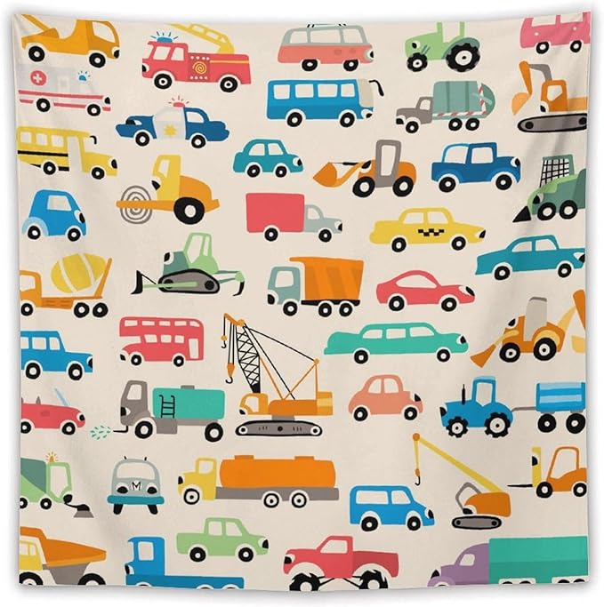 ZhiRain Cartoon Cars Print Tapestry Wall Hanging Cartoon Shovel And Trucks Tapestries Home Decor for Living Room Bedroom Apartment Farmhouse Dorm 60"x60"