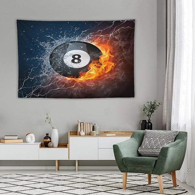 ZhiRain Teen Billiards Tapestry Wall Hanging Abstract Fire Water Black Billiard Eight Ball Tapestries Home Decor for Living Room Bedroom Farmhouse Apartment Dorm 60"x90"