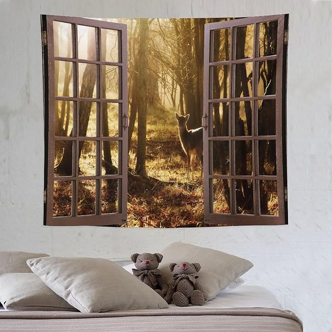 ZhiRain Forest Tapestry Wall Hanging Natural Forest And Deer at Sunset Pattern Tapestries Home Decor for Living Room Bedroom Apartment Farmhouse Dorm 50"x60"