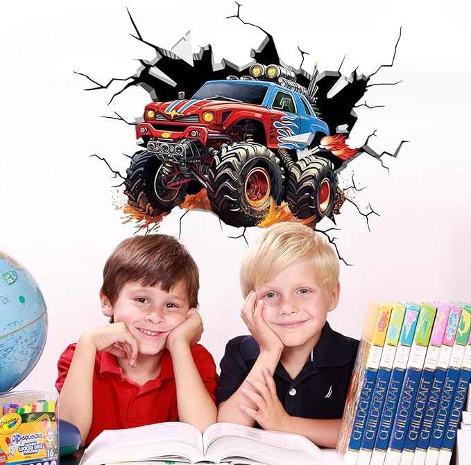 3D Racing Cars Wall Decals Removable Peel and Stick Window Clings 1 Large Trucks for Kids Bedroom, Boys Room, Playroom Decor