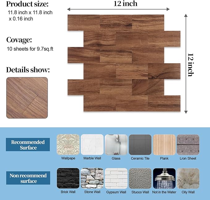 10-Pack Peel and Stick Tile Backsplash 12"X12" PVC Wall Tiles, Stick on Backsplash for Kitchen, Bathroom Tile, Fireplace Décor, Laundry Table, Stair Decals in Brown Woodgrain