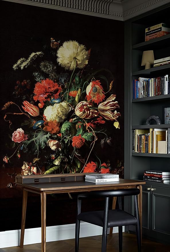 Zeeko Dark Floral Peel and Stick Wall Murals 59" W x 98" H Vintage 3D Flowers Wallpaper Self Adhesive Nature Botanical Wall Art for Bedroom TV Background Living Room Decor