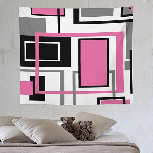 ZhiRain Modern Pink Tapestry Wall Hanging Geometric Pink Gray Black Tapestries Home Decor for Living Room Bedroom Farmhouse Apartment Dorm 50"x60"