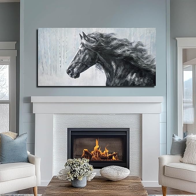ZHENGYIN Black and White Horse Canvas Wall Art, Equine Portrait Artwork in Neutral Gray Birch Forest Scene, Rustic Farmhouse Animal Wall Decor for Living Room Bedroom Entryway, 20×40 Inch