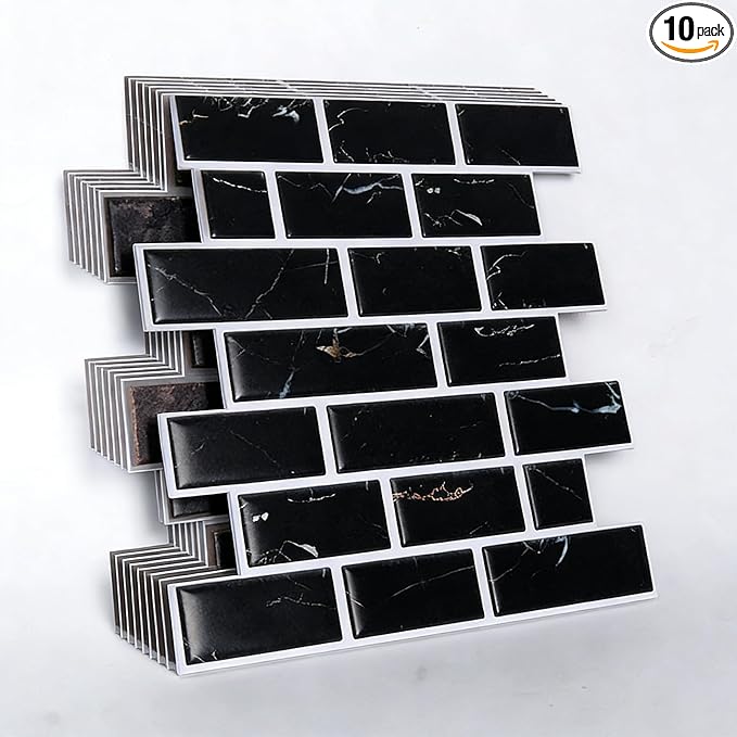 3D Wall Panels,3D Brick Wallpaper Peel and Stick,Faux Brick Wall Panel,10PCS of 11.8" x 11.8" Black Brick Wallpaper Stick on Tile for Kitchen, Bedroom, Living Room,TV Background.