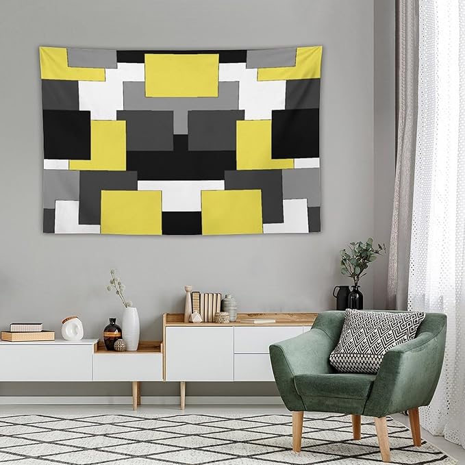 ZhiRain Yellow And Black Tapestry Wall Hanging Gray White Geometric Silver Dark Abstract Square Art Tapestries Home Decor for Living Room Bedroom Apartment Farmhouse Dorm 40"x60"