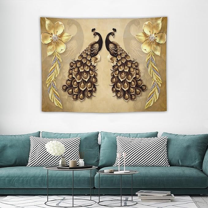 ZhiRain Gold Peacock Tapestry Wall Hanging Vintage Bird Rustic Animal Elegant Flower Luxury Tapestries Home Decor for Living Room Bedroom Farmhouse Apartment Dorm 30"x40"