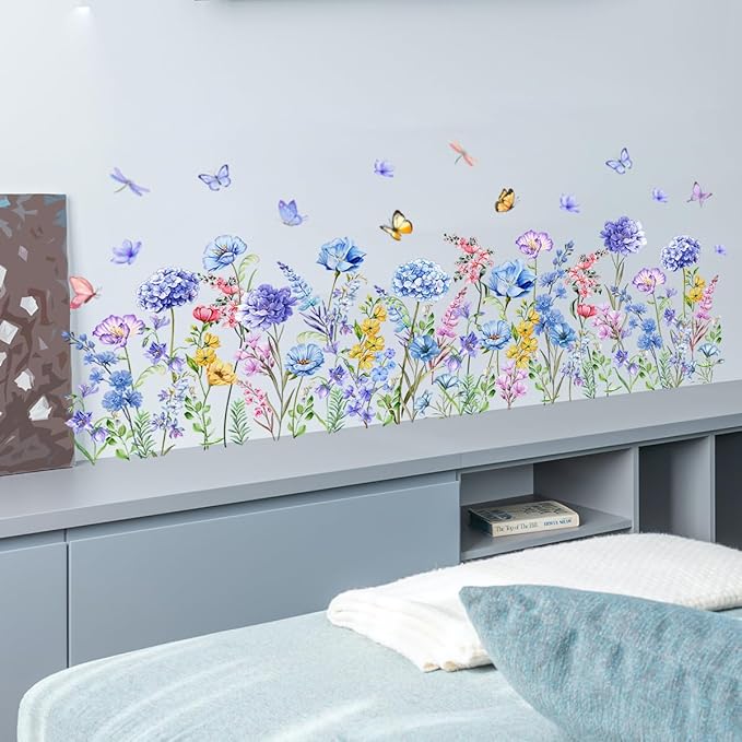 2 Pieces Purple Flowers Wall Decals Vinyl Hydrangea Wall Stickers Removable Floral Art Murals Peel and Stick Colorful Butterfly Decor for Girls Bedroom Living Room Nursery