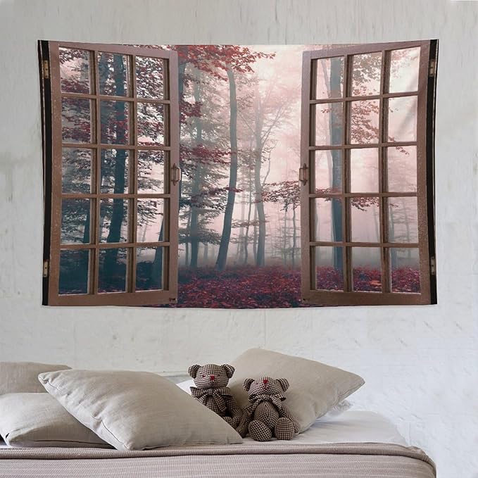 ZhiRain Nature Forest Tapestry Wall Hanging Autumn Mystic Foggy Fall Enchanted Woods Wild Trees Print Tapestries Home Decor for Living Room Bedroom Apartment Farmhouse Dorm 60"x90"