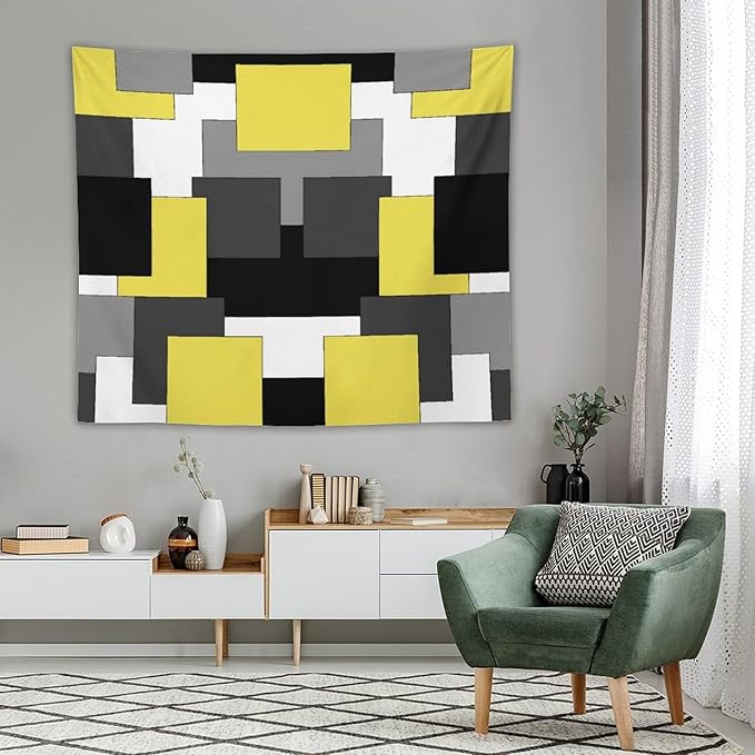 ZhiRain Yellow And Black Tapestry Wall Hanging Gray White Geometric Silver Dark Abstract Square Art Tapestries Home Decor for Living Room Bedroom Apartment Farmhouse Dorm 50"x60"