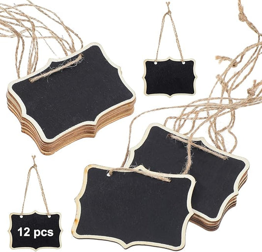 12 Pcs Mini Chalkboard Signs for Food, Small Hanging Blackboard Labels, Black Hanging Chalkboard Sign, Wooden Tags for Buffet Cafe Bar
