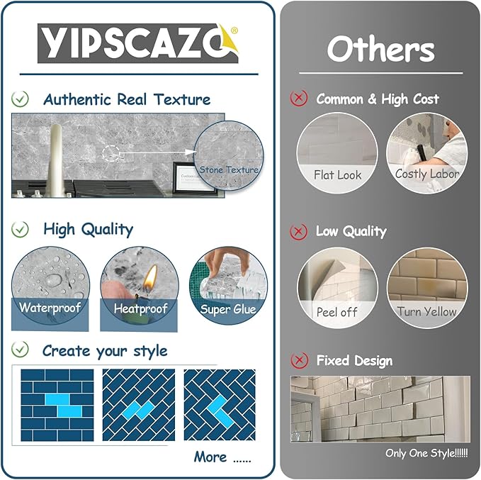 Yipscazo Peel and Stick backsplash 3 x 6 Inches 3D PVC Composite Wall Tile Stick on Backsplash Tile for Kitchen Bathroom, Laundry Room, Fireplace(Polished Gray, 160 Pieces)
