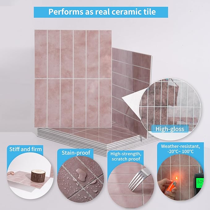 Art3d 10-Sheet Faux Marble Peel and Stick Backsplash Tile for Kitchen Wall Bathroom Countertops, 11.4 inch x 9.1 inch Stick-on Glazed-Ceramic Finish Resist to Water, Heat and Scratches, Pink