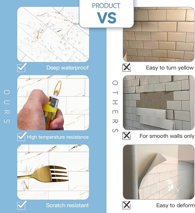 10-Pack Peel and Stick Tile Backsplash 12"X12" PVC Wall Tiles, Stick on Backsplash for Kitchen, Bathroom Tile, Fireplace Décor, Laundry Table, Stair Decals in Polished Carat Gold