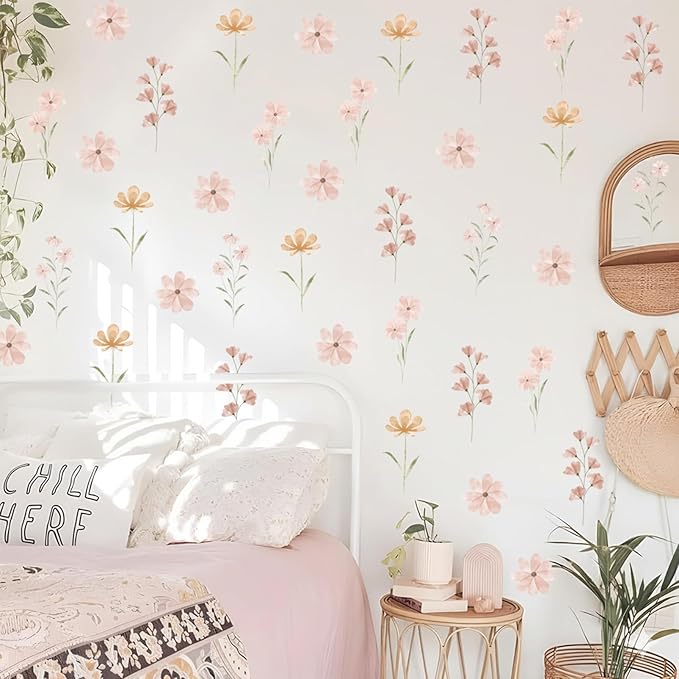 48 PCS Boho Flower Stickers Daisy Wall Decals for Girls' Rooms, Playrooms, and Nurseries Dual Layer Print for High Coverage Removable Peel and Stick Wall Decor
