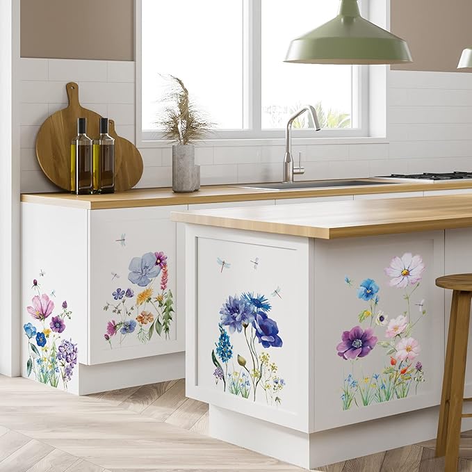 Zonon 6 Pcs Flowers Wall Decals Stickers Vinyl Removable Peel and Stick Colorful Dragonflies Floral Wall Murals Decor for Bedroom Living Room Nursery(Beautiful)