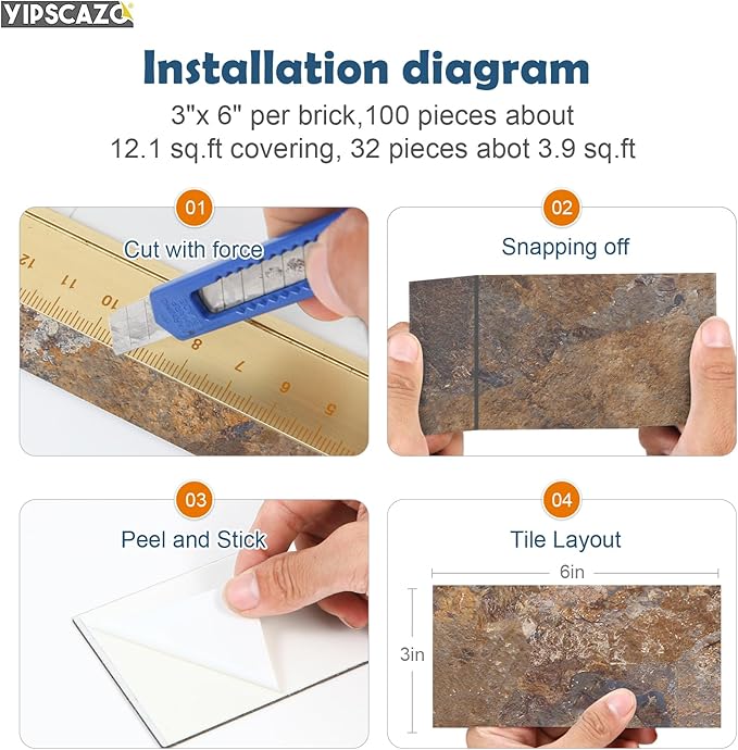 Yipscazo Peel and Stick backsplash 3 x 6 Inches 3D PVC Composite Wall Tile Stick on Backsplash Tile for Kitchen Bathroom, Laundry Room, Fireplace(Rust-Slate, 100 Pieces)