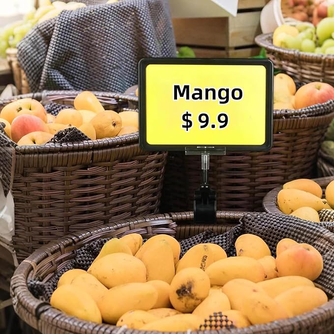 ZHENGMAI 10 Pack Black Acrylic Sign Holder with Clamp, Double Head Rotating Price Display Signs with PVC Card Protector, Sale Signs for Retail Store, Clothing, Dessert Rack 6 x 9 Inch