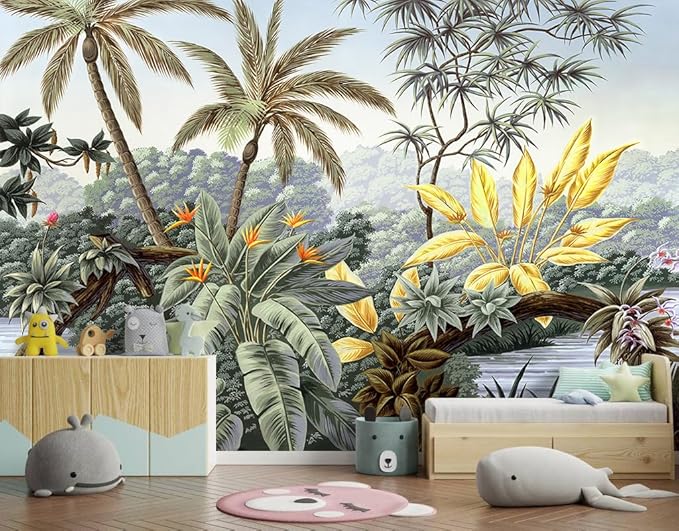 YIHWM -Tropical Botanical Palm Leaf Fabric Wallpaper Living Room Bedroom Bathroom Rainforest Plant Jungle Large Wall Mural- 137"x96"（ not Peel and Stick）