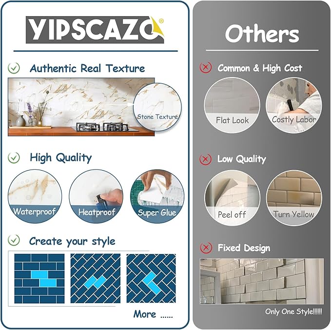 Yipscazo Peel and Stick backsplash 3 x 6 Inches 3D PVC Composite Wall Tile Stick on Backsplash Tile for Kitchen Bathroom, Laundry Room, Fireplace(Cala with Gold, 160 Pieces)