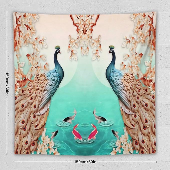 ZhiRain Peacock Tapestry Wall Hanging Retro Floral Elegant Vintage Feather Flower Theme Koi Fish Tapestries Home Decor for Living Room Bedroom Farmhouse Apartment Dorm 60"x60"