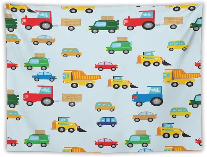 ZhiRain Cartoon Cars Print Tapestry Wall Hanging for Kids Room Cartoon Shovel And Trucks Blue Tapestries Home Decor for Living Room Bedroom Apartment Farmhouse Dorm 60"x80"