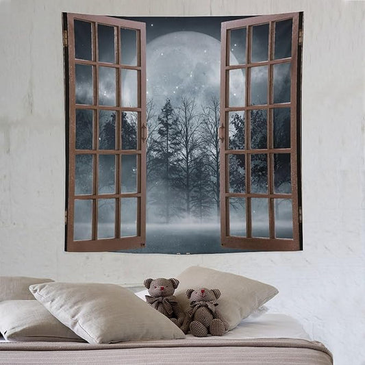 ZhiRain Misty Landscape Tapestry Wall Hanging Dark Black Nature Moon Gothic Tree Scenery Foggy Woodland Tapestries Home Decor for Living Room Bedroom Apartment Farmhouse Dorm 60"x60"