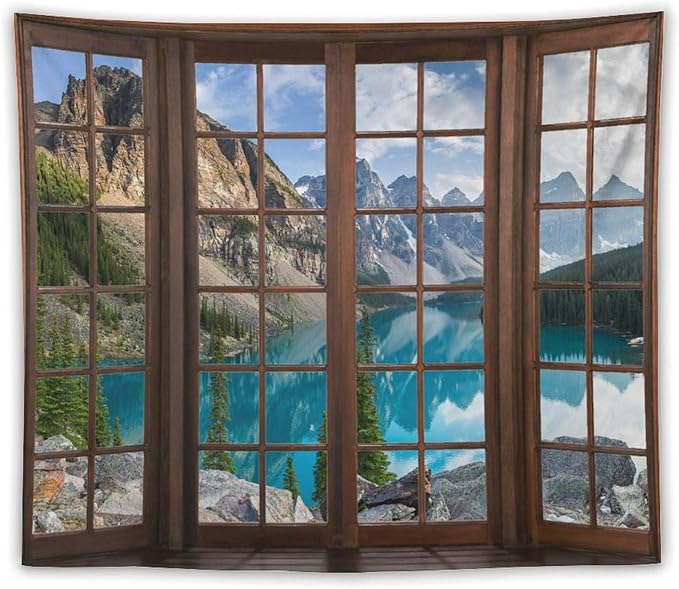 ZhiRain Mountain Landscape Tapestry Wall Hanging Nature Scenery Lake Pine Tree Forest Blue Sky Through Brown Window Tapestries Home Decor for Living Room Bedroom Apartment Farmhouse 50"x60"