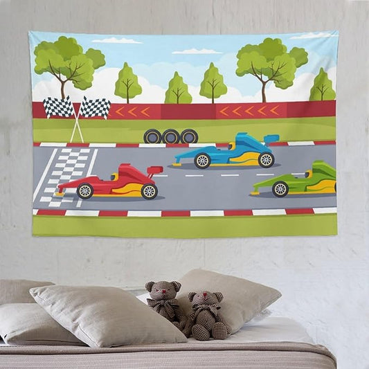 ZhiRain Race Car Tapestry Wall Hanging Cartoon Racing Car Track Formula Racer Sports Finish Line Tapestries Home Decor for Living Room Bedroom Apartment Farmhouse Dorm 60"x90"