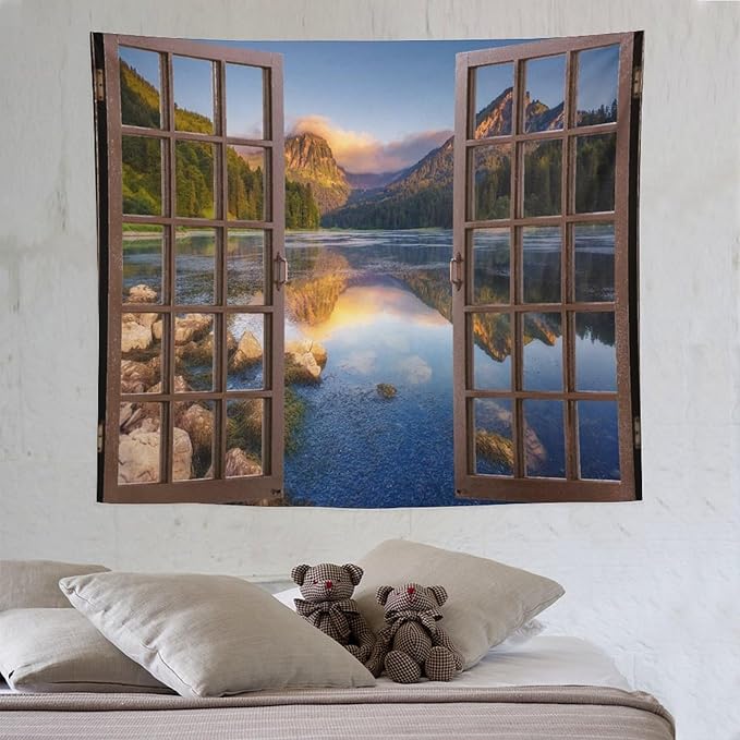 ZhiRain Mountain Scenery Tapestry Wall Hanging Wooden Window View Beautiful Lake Landscape Tapestries Home Decor for Living Room Bedroom Apartment Farmhouse Dorm 50"x60"