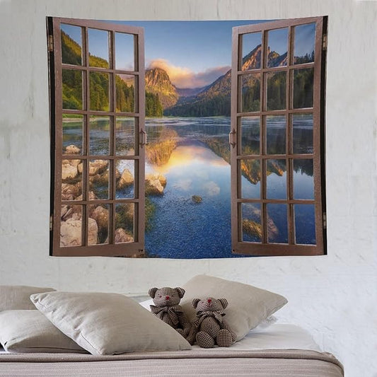 ZhiRain Mountain Scenery Tapestry Wall Hanging Wooden Window View Beautiful Lake Landscape Tapestries Home Decor for Living Room Bedroom Apartment Farmhouse Dorm 50"x60"