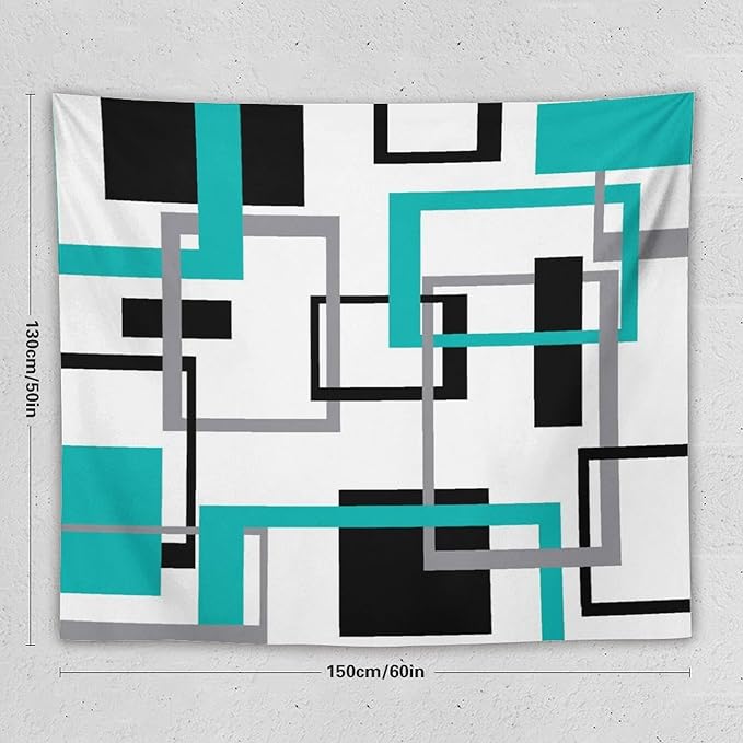 ZhiRain Teal Tapestry Wall Hanging Mid Century Modern Turquoise Abstract Aqua Black Grey Geometric White Backdrop Tapestries Home Decor for Living Room Bedroom Apartment Farmhouse 50"x60"