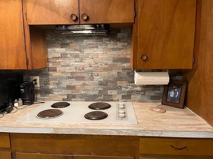 5-Pack Peel and Stick Tile Backsplash 12"X12" PVC Wall Tiles, Stick on Backsplash for Kitchen, Bathroom Tile, Fireplace Décor, Laundry Table, Stair Decals in Rustic Wood Grain