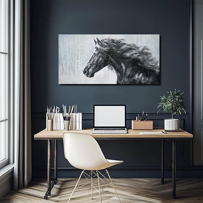 ZHENGYIN Black and White Horse Canvas Wall Art, Equine Portrait Artwork in Neutral Gray Birch Forest Scene, Rustic Farmhouse Animal Wall Decor for Living Room Bedroom Entryway, 20×40 Inch