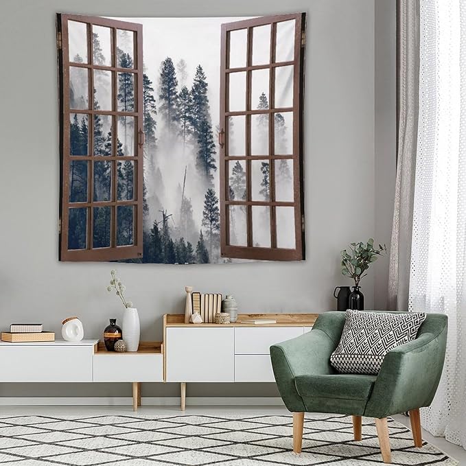 ZhiRain Misty Forest Landscape Tapestry Wall Hanging Wooden Window Forest Mountain Tree Scenery Tapestries Home Decor for Living Room Bedroom Apartment Farmhouse Dorm 60"x60"
