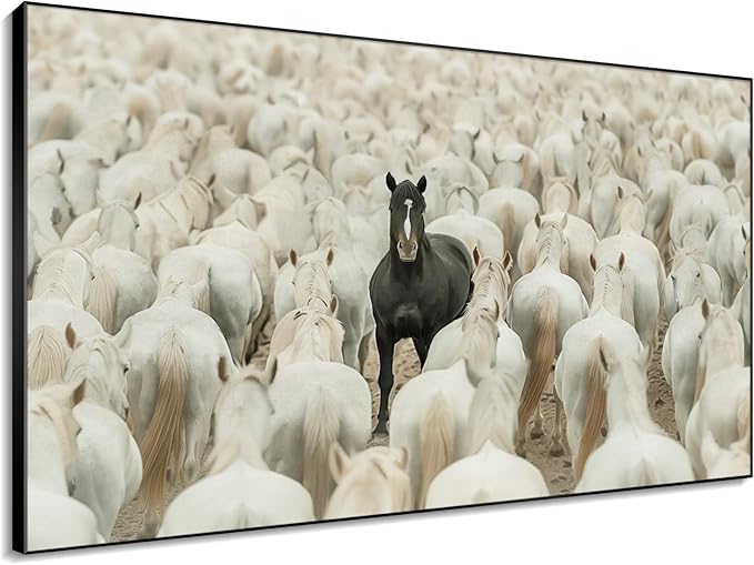 46"x72" XL Framed Wall Art - Unique Black Horse Amidst White Herd Animal (Frame Assembly Required)