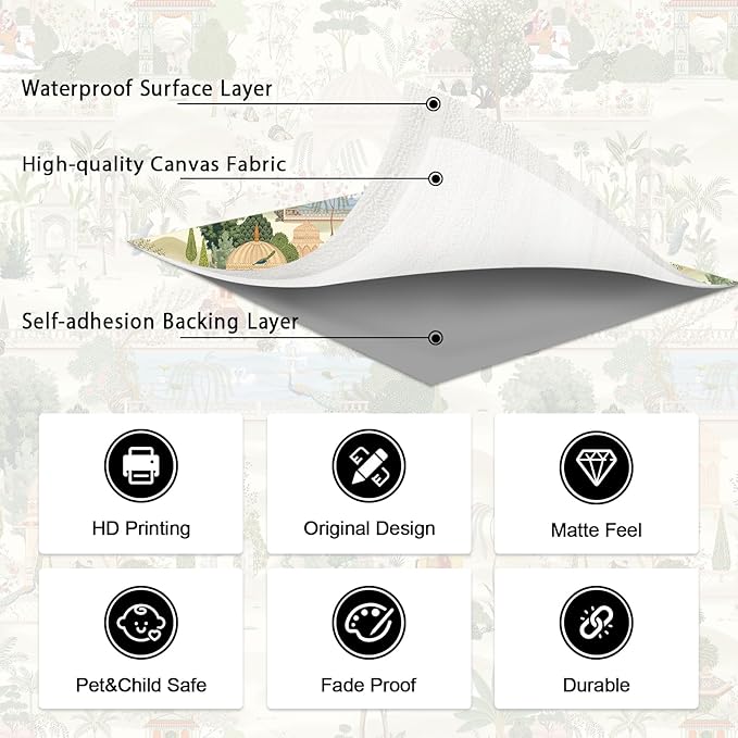 Zeeko Exotic Tropical Green Wall Mural Peel and Stick 148" W x 98" H Botanical Indian Garden Canvas Waterproof Self-Adhesive Removable Wallpaper for Nursery Bedroom Large Art Wall Decor