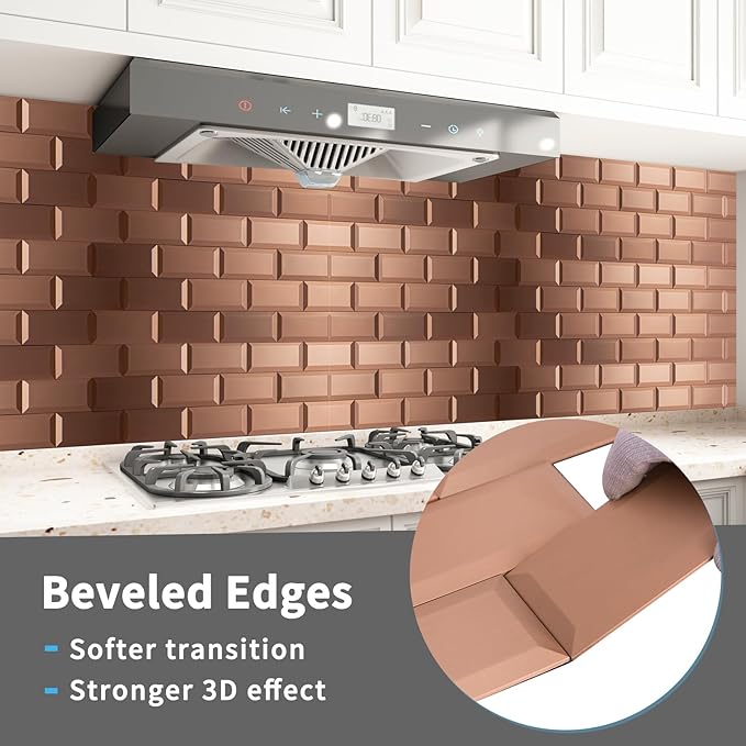 Art3d 100 Pcs Peel and Stick Backsplash Tiles, 3D Textured Metal Stick On Subway Wall Tiles for Kitchen Back Splashes, Bathroom, Laundry Room, 3 x 6 Inch, Copper