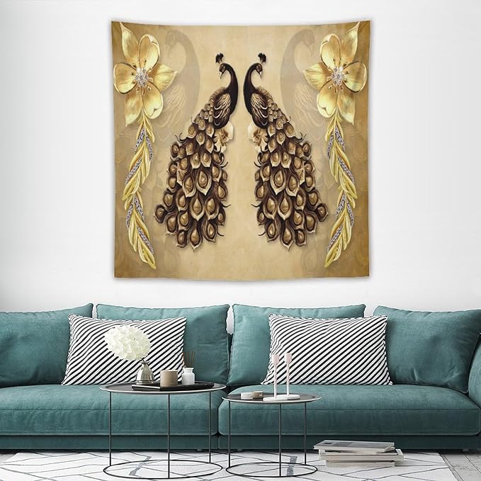 ZhiRain Gold Peacock Tapestry Wall Hanging Vintage Bird Rustic Animal Elegant Flower Luxury Tapestries Home Decor for Living Room Bedroom Farmhouse Apartment Dorm 60"x60"