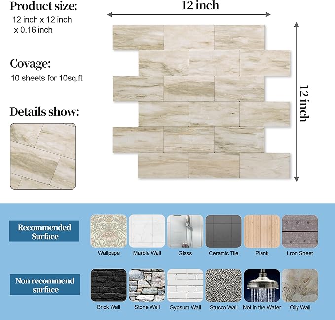 20-Pack Peel and Stick Tile Backsplash 12"X12" PVC Wall Tiles, Stick on Backsplash for Kitchen, Bathroom Tile, Fireplace Décor, Laundry Table, Stair Decals in Light Beige Stone