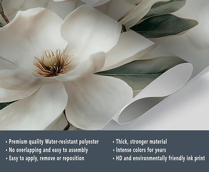 White Magnolia Flower Wall Mural, Vintage Floral Art Mural Wallpaper, Abstract Gray and White Marble Texture Large Wallpaper for Bedroom Living Room Wall Decor 110" W x 79" H